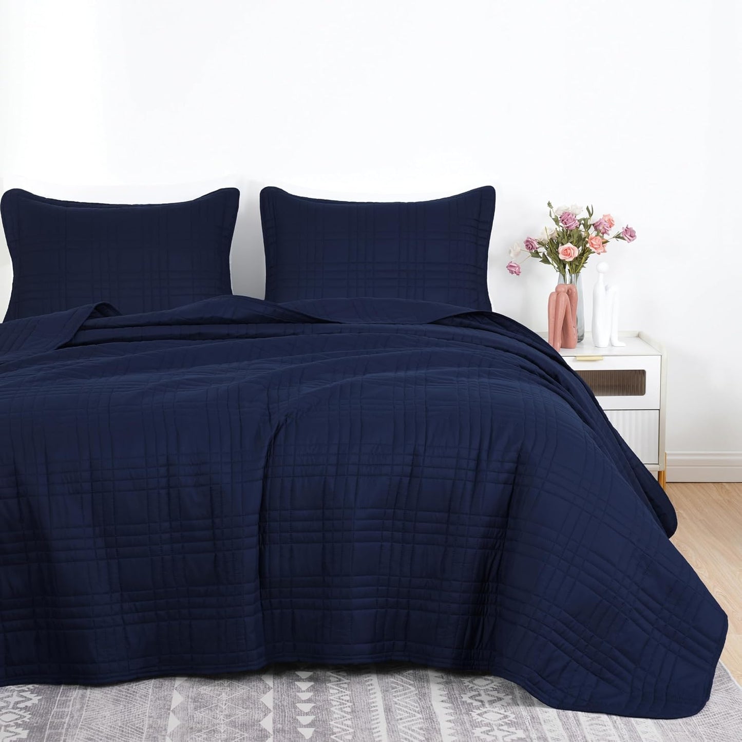 Kingston 3-Piece Oversized Bedspread Coverlet Set (Queen, Navy)